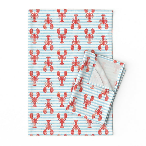 Lobster Red Blue Stripes Watercolor Linen Cotton Tea Towels by Roostery Set of 2